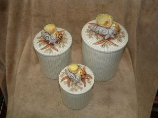 Fitz & Floyd Ff Exquisite Set Of 3 Sized Sea Shell Canisters Jars With Covers