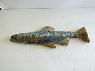 16 " Long Studio Art Pottery Blue/green Handmade Fish Fishes Sculpture Slab