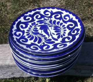Vtg Anfora Puebla Blue Set 10 Salad Plates Hand Painted Mexican Hacienda 8 - 1/4 "