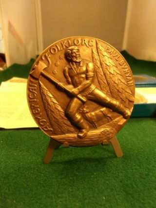 Rare Old Vtg 1969 " 3 - D " Bronze Medal - Box - Papers,  Paul Bunyan & Johnny Appleseed