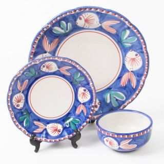 Vietri Solimene Italian Ceramic 3 - Pc Set Blue Fish Bowl Dinner & Salad Plates
