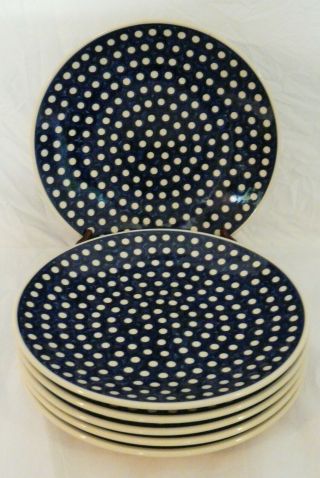 Boleslawiec Polish Pottery Blue White Dots Circles 11 - 12 " Dinner Plates Set Of 6