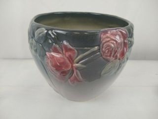 Weller Etna Large Jardiniere With Raised Relief Roses 8.  5 X 10