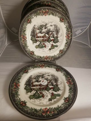 Set Of 4 Royal Stafford Christmas Village Snow Dinner Plates -