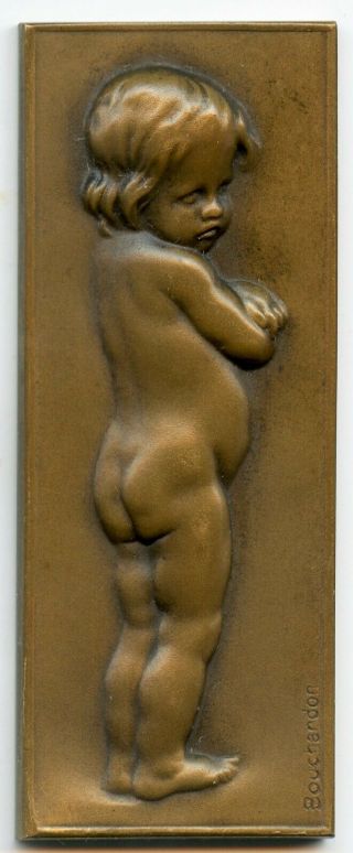 France Bronze Art Nouveau Medal Plaque Infant By Bouchardon 66mm X 26mm 41g