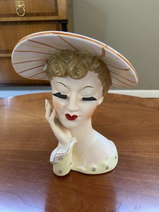 Vintage 1956 Napcoware Lady Head Vase Blonde Hair Yellow Dress C1775b