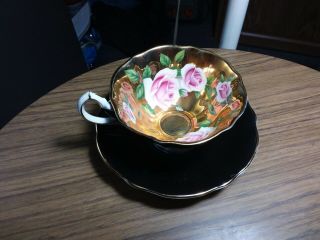 Queen Anne Black Teacup And Saucer With Pink Roses & Gold