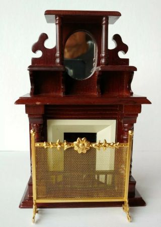 Dollhouse Furniture Victorian Wood Fireplace With Mantle Shelves Mirror & Screen