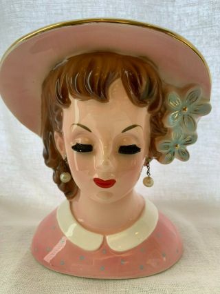 Vintage Napco Headvase/head Vase C4554b Lady Wearing Pink With Blue Flowers 6 "