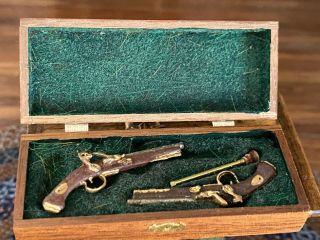 Vintage Miniature Dollhouse Artisan Signed Wood Box Pair Western Dueling Pistols