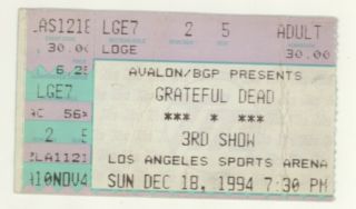 Rare Grateful Dead 12/10/92 Los Angeles Ca Sports Arena Ticket Stub 3rd Show