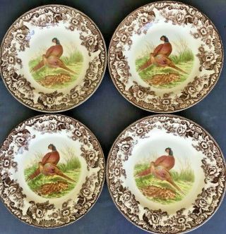 Set Of 4 Spode Woodland Pheasant Game Bird - England - Dinner Plates 10 1/2 "