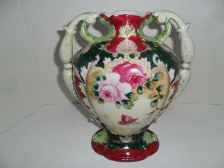 Antique Moriage Hand Painted 2 Handle Urn 9 1/2  H Unmarked