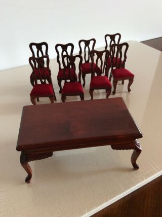 Dollhouse Miniature Furniture - Wood Dining Table With 8 Chairs Very Good Cond.