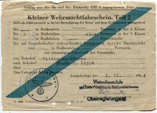 Germany Kleiner Wehrmachtfahrschein Wehrmacht Train Ticket 1944 Weather School