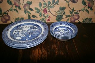8 - Churchill Blue Willow - - 4 - Dinner Plates (10 - 1/4 ") 4 - Cereal Bowls (6 ")