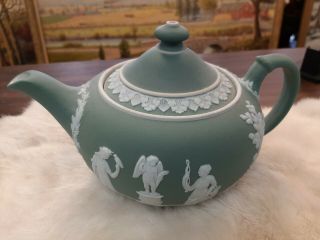 Vintage Wedgwood Jasperware Tea Coffee Pot W/ Lid Olive Green Porcelain England