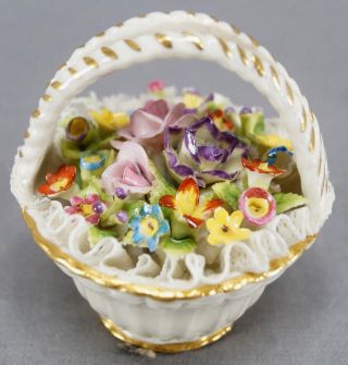 Schierholz Dresden Style Hand Painted Floral Encrusted & Lace Basket Circa 1930s