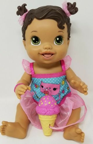 2012 Baby Alive Yummy Treats Doll Brown Hair With Ice Cream Cone & Dress