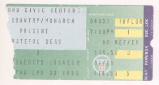 Rare Grateful Dead 4/3/86 Hartford Ct Civic Center Concert Ticket Stub