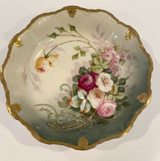 Vintage Signed Porcelain France Limoges Gold Gilt Dish With Hand Painted Roses