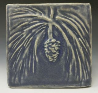 Vtg Pewabic Art Pottery Pine Cone Tile Satin Matte Blue,  Arts & Crafts / Mission