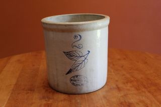 Antique Red Wing Union Stoneware Co.  No.  2 Stoneware Crock With Birch Leaves Guc