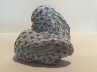 Hand Painted Herend Porcelain Blue Fishnet Bunnies Rabbits With Gold Accents
