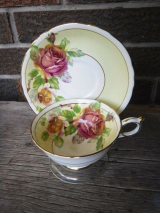 Paragon Bone China Large Pink Cabbage Rose Cup And Saucer On Yellow