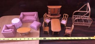 Wood Dollhouse Furniture: Living Room Set,  Chairs,  Tables,  Curio Cabinet And Bed