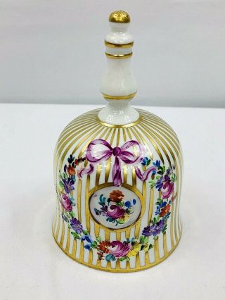 Antique Carl Thieme Dresden Flowers Hand Painted Porcelain Bell 4.  5”t Vgc