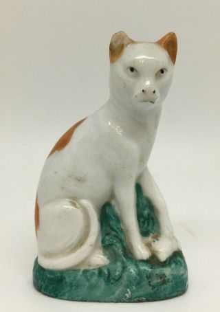 Antique Staffordshire Pottery Cat Figurine Small Seated With Mouse