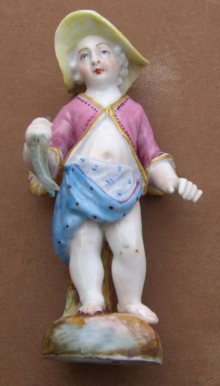 Unsigned Hand Painted German Porcelain Figurine Boy W/ Fish Meissen Look Alike