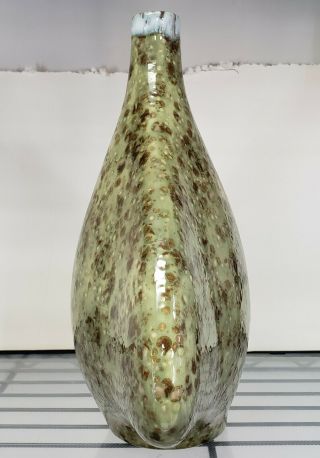 Vintage Mid Century Modern Green Ceramic Brown Speckled Vase Signed D 2