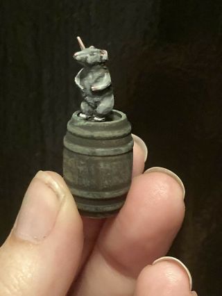 Miniature Dollhouse Sweet Tiny Sculpted Rat On Patina Barrel 1/12 Scale Ooak