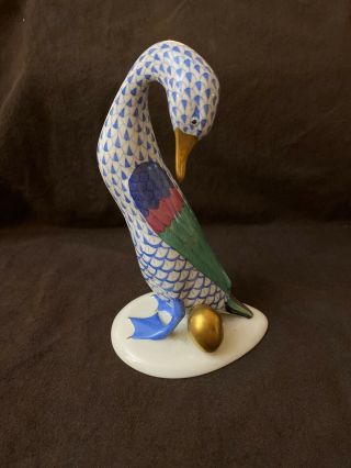 Herend Blue Fishnet " Goose With Golden Egg " Figurine