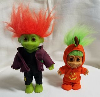 2 Vintage Russ Troll Dolls - - Halloween - - 4 1/2 " Pumpkin - - 7 " Frankenstein - - Look