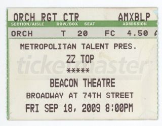 Rare Zz Top 9/18/09 Nyc Ny Beacon Theatre Concert Ticket Stub