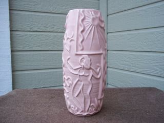 Red Wing Pottery No 1148 Vase Girl Sun Birds Flower Mid - Century Pottery Pink