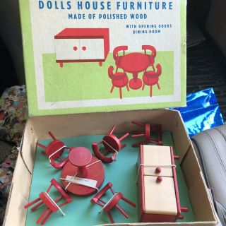 Czech Vintage Dolls House Furniture Polished Wood Dining Room In The Box