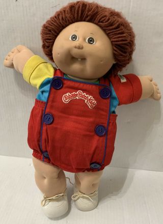 Vtg Cabbage Patch Kids Boy Doll Tooth Red Overalls Shirt Shoes Brown Red Hair