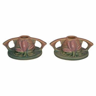 Roseville Pottery Water Lily Pink Green Candle Holders 1154 - 2