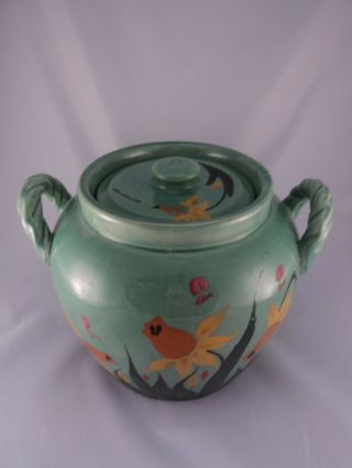 Vintage Coors Pottery Large Green Bean Pot Hp Daffodils Crock Cookie Jar