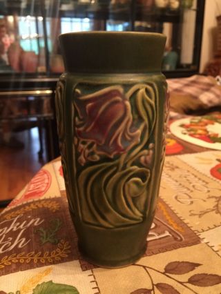 Vintage Roseville Art Pottery Rosecraft Floral Green Panel Vase 6” Tall
