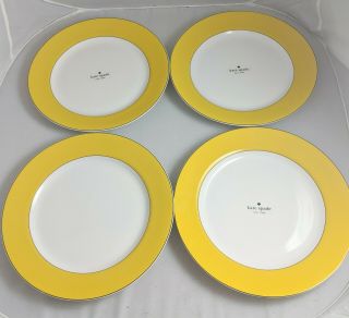 Kate Spade York By Lenox Rutherford Circle Yellow Rim 4 Dinner Plates 1 Nwot