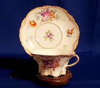 Antique Franziska Hirsch Dresden Miniature Floral Tea Cup & Saucer - Exc