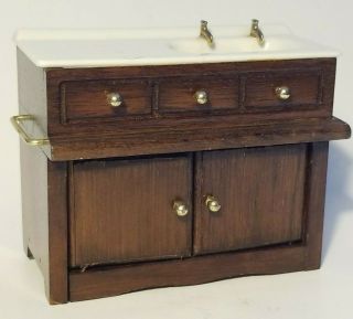 Vintage Dollhouse Miniature Kitchen Dark Wood Cabinet White Porcelain Sink 1:12