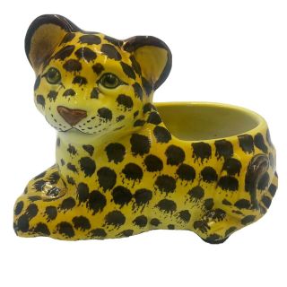 Vintage Leopard Hand Painted Ceramic Figurine Statue Made In Italy Planter Pot