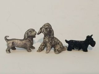 3 Vintage Dollhouse Dogs Miniatures Metal Signed H.  F.  L.  Poodle Scotty Dachshund