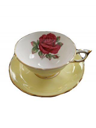 Vintage Paragon Tea Cup & Saucer Large Red Rose In Yellow Gold Trim